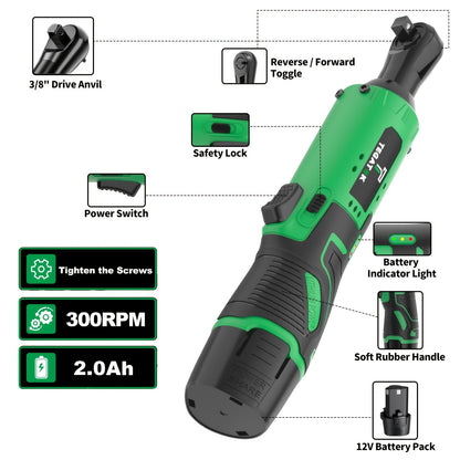 12V Cordless Ratchet Wrench Set 3/8" Drive 40 Ft-lbs – Variable Speed Trigger, Fast Charge, 7 Sockets, 1 or 2 Lithium-Ion Batteries for Automotive Repair, DIY & Valentine’s Day Gift for Men