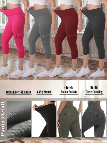 Women's High Waist Yoga Capri Pants 4-Pack 4-Way Stretch Butt Lifting Tummy Control 4 Pockets - Workout Running Sports Leggings S-XXL All Season