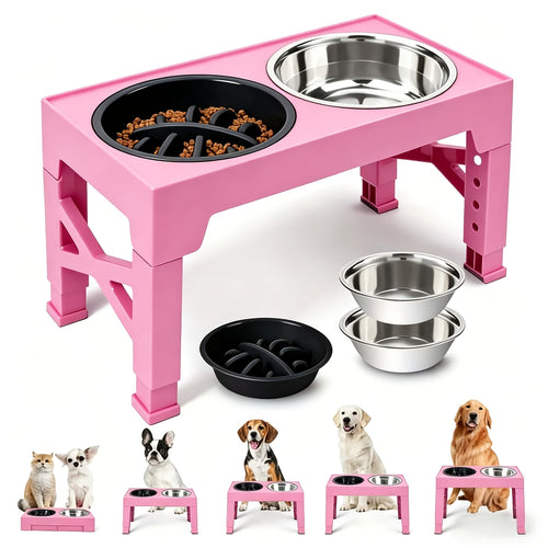 Height Adjustable Dog Bowl Stand with Slow Feeder & Stainless Steel Bowl – 5-Level Foldable Elevated Dog Food Bowl for Medium Large Dogs and Cats, Black & Pink