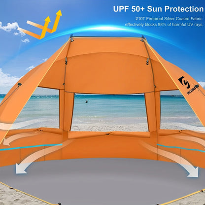 Beach Tent 3 Person UPF 50+ Sun Shelter Portable Waterproof Camping Shade with Extended PE Floor & 3 Mesh Roll-Up Windows – Easy Setup for Beach, Camping, Fishing & Yard (Green, Blue, Orange)