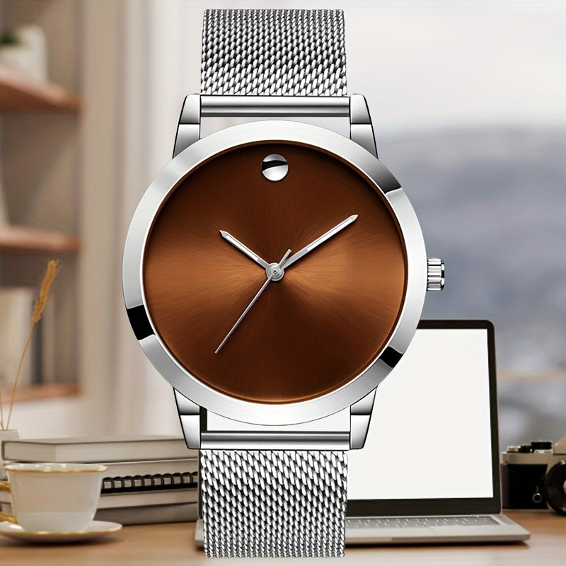 Men's Minimalist Stainless Steel Band Quartz Watch Slim Round Dial Casual Fashion Everyday Wear Gift for Him Silver Brown