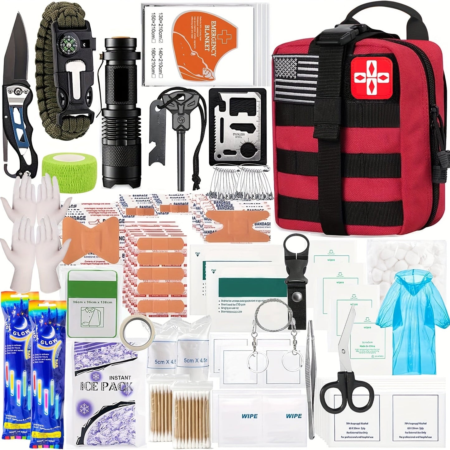 Professional Survival Gear Kit 14, 152 or 258 Piece – Outdoor Emergency Survival Equipment with Fire Starter, Compass & Multitool for Camping, Hiking & Adventure, Best Gift for Men & Women