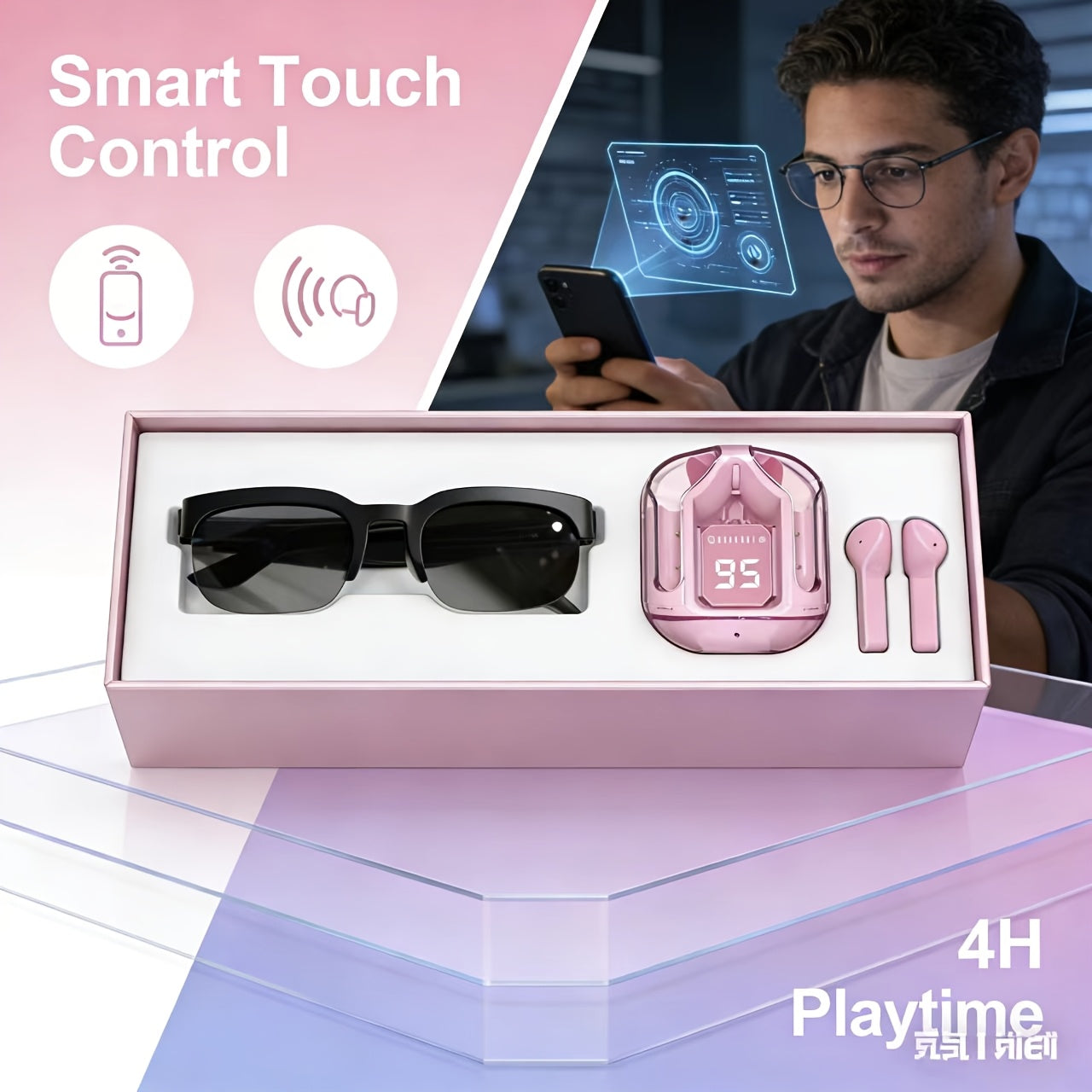 AI Translation Smart Glasses with Wireless Headphones Real-Time Multi-Language Translator Built-in Microphone Music Audio Glasses Rechargeable Sports Wearable Tech for Travel Business