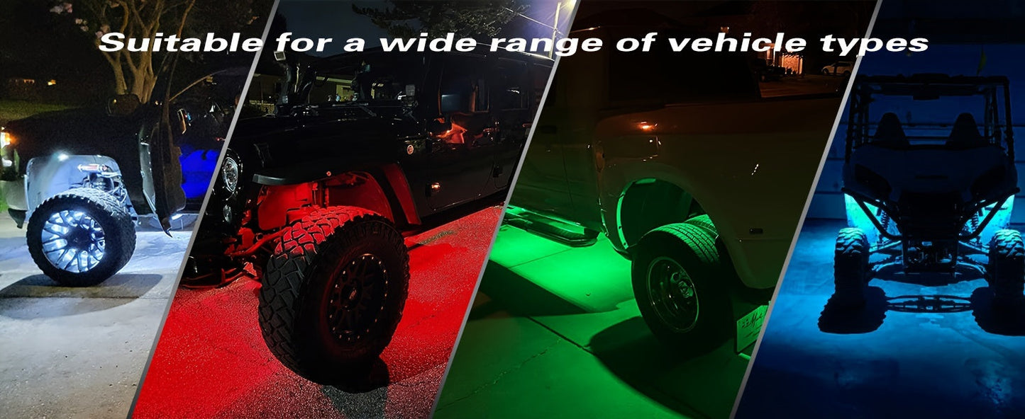 RGB LED Rock Lights Kit for Trucks & Pickup – Sound Activated, APP & Remote Control, Multicolor Underglow Chassis Neon Light, 9 Large Light Beads, 4/6/8/10 Pods Underbody Lighting