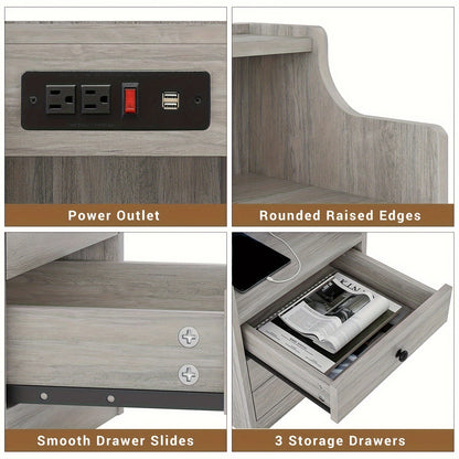 Nightstand with Charging Station – 2 USB Ports & 2 Outlets, Hutch & 3 Drawers, Bedroom End Table, Sofa Side Table for Living Room & Office, Gray or White