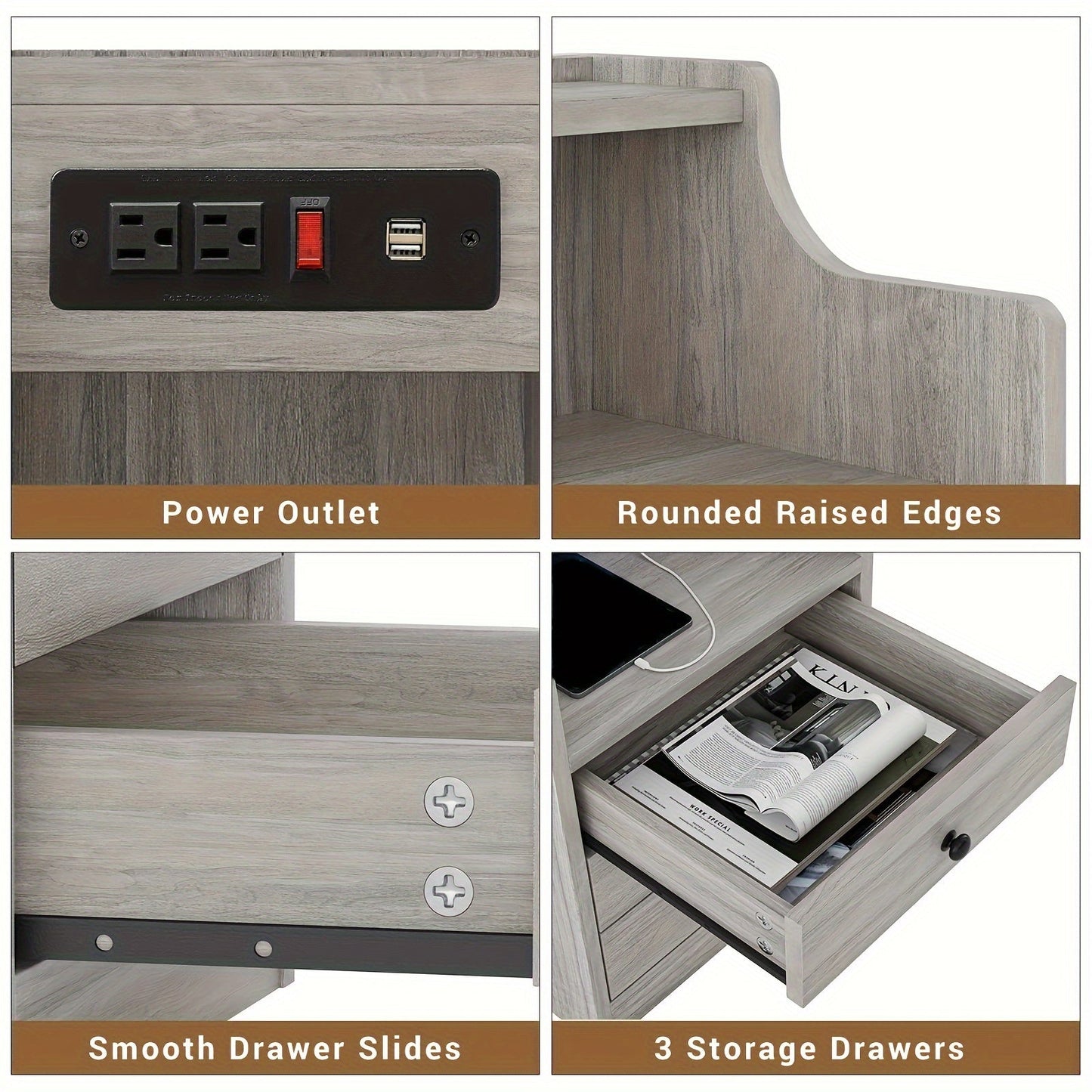 Nightstand with Charging Station – 2 USB Ports & 2 Outlets, Hutch & 3 Drawers, Bedroom End Table, Sofa Side Table for Living Room & Office, Gray or White