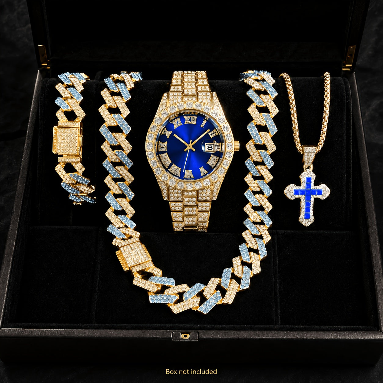 Cuban Link Hip Hop Jewelry Set for Men & Women – Necklace Pendant Bracelet & Blue Dial Watch, Unisex Streetwear Bling, Gold & Silver Tone, Party Daily Gift