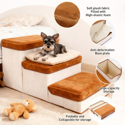 3-Tier Foldable Dog Stairs for Small Dogs – Non-Slip Nylon Pet Ramp for High Beds & Sofas, Compact Foldable Design, Brown & White, Includes Bonus Chicken Leg Plush Toy