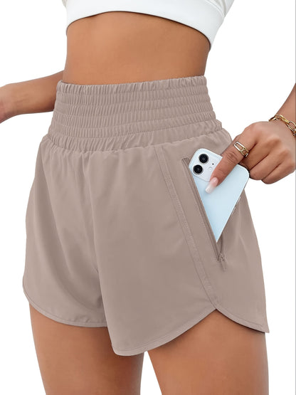 Women's High Waisted Running Shorts with Pockets, Elastic Workout Gym Shorts for Women, Non-Transparent Athletic Shorts for Training Yoga Fitness Summer, Sizes S-XXL, Khaki Grey Black Rose Red Green