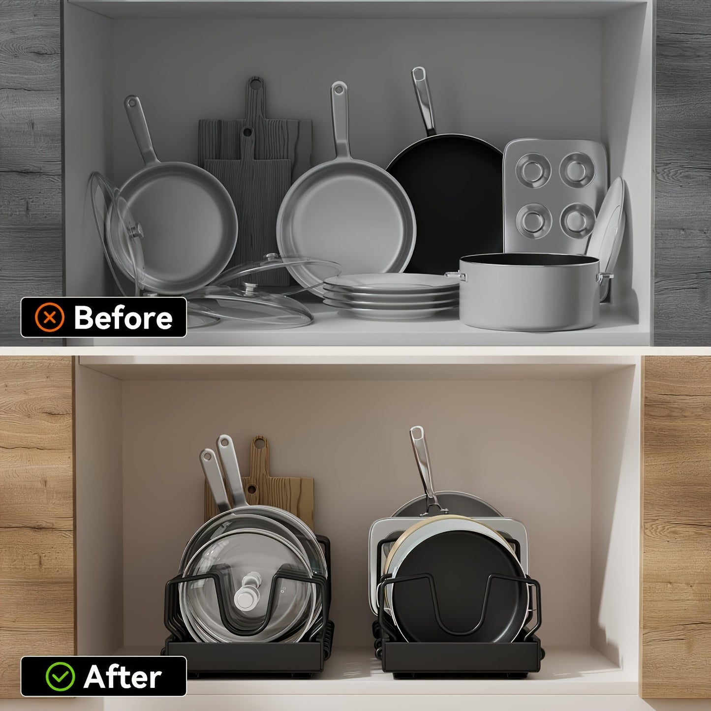 Pull Out Pot & Pan Organizer Rack for Under Cabinet – Slide Out Lid Holder with 8 Adjustable Compartments, Drill-Free Install, Kitchen Cabinet Cookware & Baking Sheet Organizer – 1pc or 2pcs