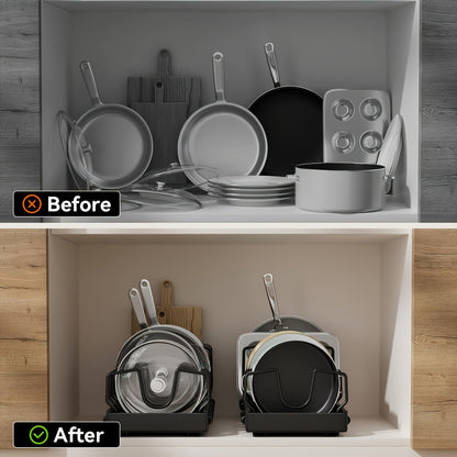 Pull Out Pot & Pan Organizer Rack for Under Cabinet – Slide Out Lid Holder with 8 Adjustable Compartments, Drill-Free Install, Kitchen Cabinet Cookware & Baking Sheet Organizer – 1pc or 2pcs
