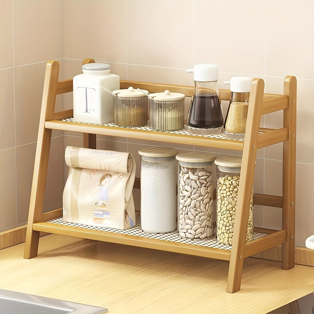 2-Tier Wooden Countertop Shelf Organizer Vintage Trapezoidal Design, Bamboo Desktop Storage Rack for Kitchen Office Bedroom, Space-Saving Counter Shelf for Coffee Cups Books Decor – 1 or 2 Pack, Large & Medium