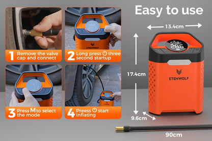 Portable Tire Inflator Air Compressor – 1-Min Fast Inflation, 100% Duty Cycle, USB Rechargeable, Digital Display, Heavy Duty for Car Tires, Bikes & Balls