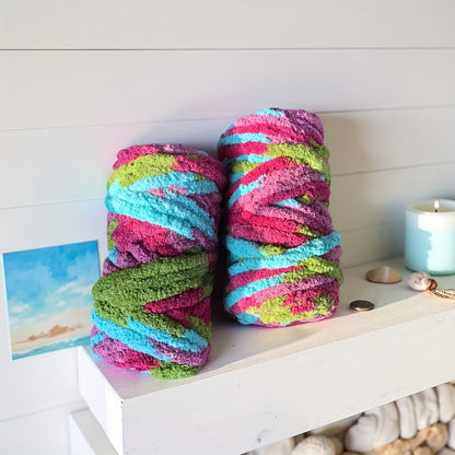 Chunky Chenille Yarn 2 Skeins 500g Hand Knitting Blanket Crochet Multicolor Striped Soft Polyester Extra Thick Plush DIY Gift for Women Men
