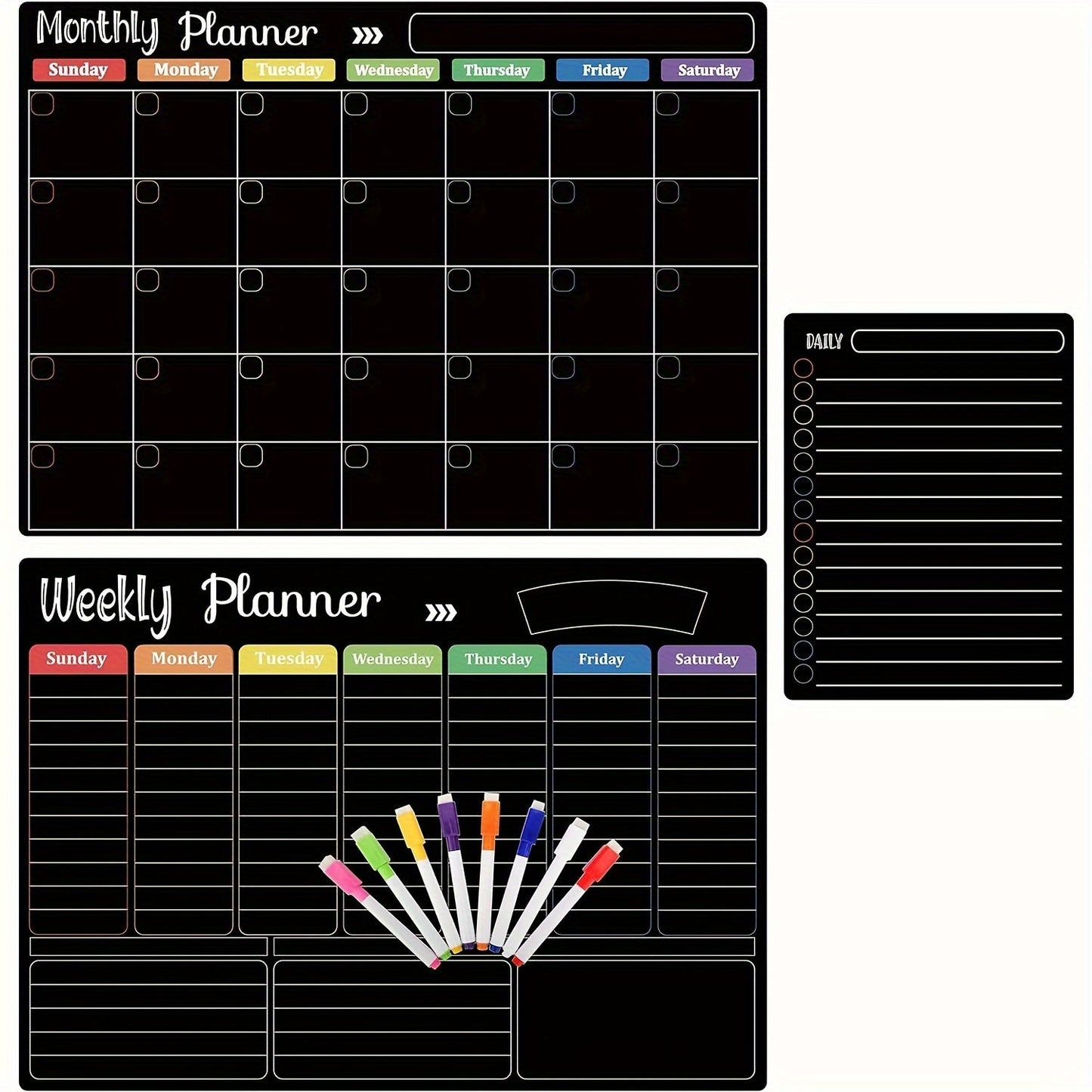 Black Magnetic Dry Erase Board Set 3-Pack – Monthly Weekly Daily Planner Boards for Fridge & Wall, Family Organizer Calendar with 8 Dry Erase Markers, Home Office Kitchen School