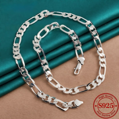925 Sterling Silver Figaro Necklace 8mm Wide – Italian Chain Design, Minimalist Fashion Jewelry, Perfect Gift for Women & Men, 18 to 24 Inches Available