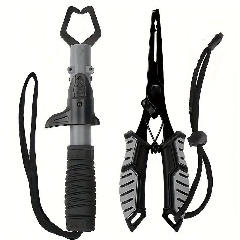 Fishing Pliers & Fish Gripper Combo Set 2PCS Stainless Steel with TPR Comfort Grip, Spring-Loaded Lock, Hook Remover Line Cutter Lanyard - Essential Freshwater Saltwater Fishing Tool Gift for Fishermen