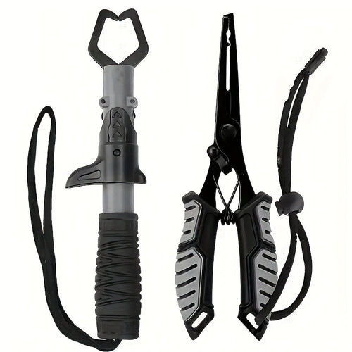 Fishing Pliers & Fish Gripper Combo Set 2PCS Stainless Steel with TPR Comfort Grip, Spring-Loaded Lock, Hook Remover Line Cutter Lanyard - Essential Freshwater Saltwater Fishing Tool Gift for Fishermen