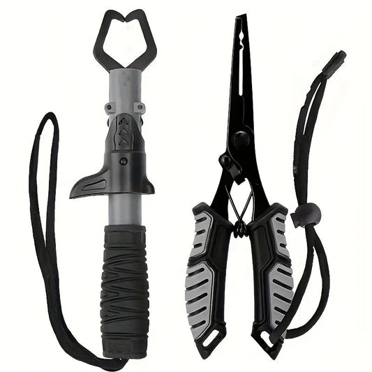 Fishing Pliers & Fish Gripper Combo Set 2PCS Stainless Steel with TPR Comfort Grip, Spring-Loaded Lock, Hook Remover Line Cutter Lanyard - Essential Freshwater Saltwater Fishing Tool Gift for Fishermen