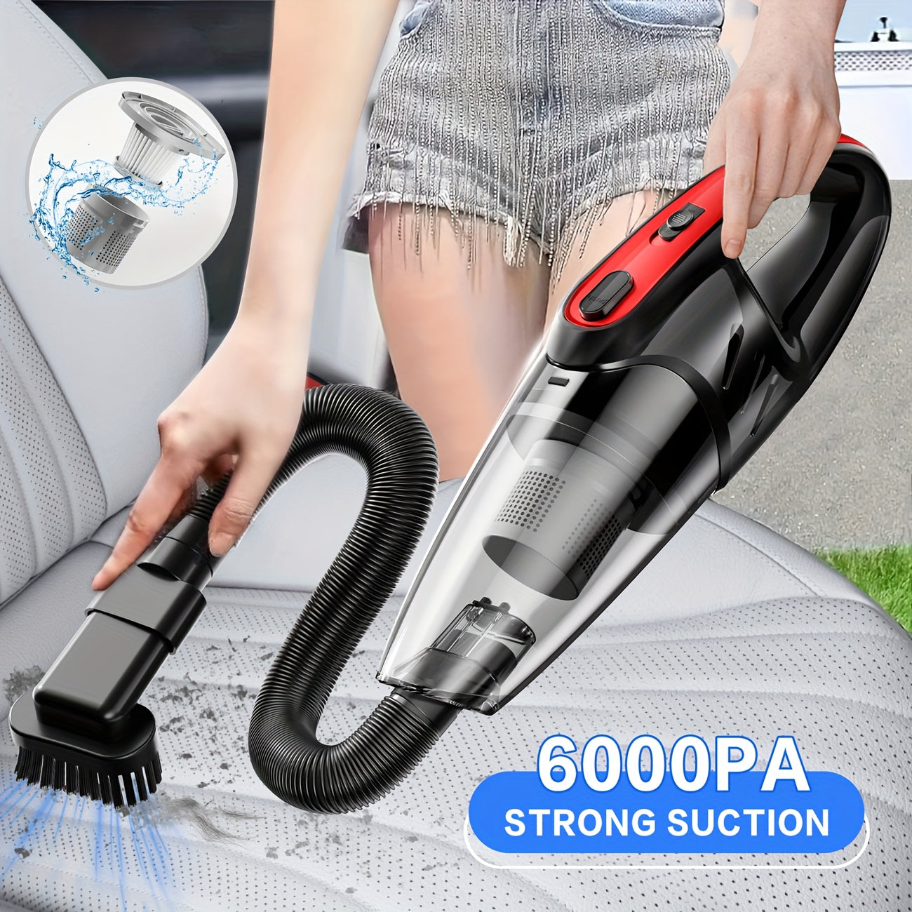 Handheld Car Vacuum Cleaner 6000PA 2000mAh Rechargeable 40dB Low Noise 5 Accessories for Car Home Pet Hair Pink