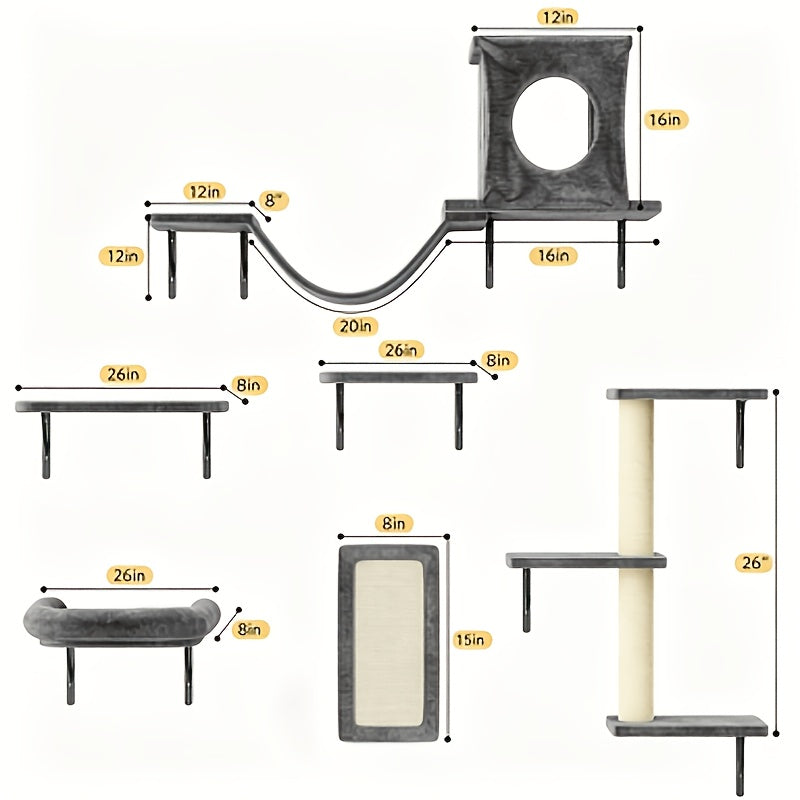 Wall Mounted Cat Climbing Shelf Set 7-Piece – Deluxe Indoor Cat Furniture with Condo, Shelves, Scratching Post, Bridge Ladder & Tunnel for All Cat Sizes