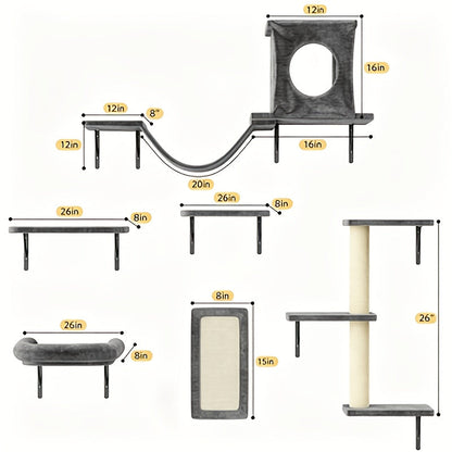 Wall Mounted Cat Climbing Shelf Set 7-Piece – Deluxe Indoor Cat Furniture with Condo, Shelves, Scratching Post, Bridge Ladder & Tunnel for All Cat Sizes