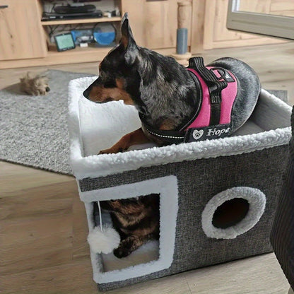 Multi-Layer Cat House with 2-Tier Bed, Toy Tunnel, Foldable Scratching Post & Cozy Mat – All-Season Indoor Cat Condo with Plush Hanging Ball, Nylon Frame & Canvas, Foldable Design