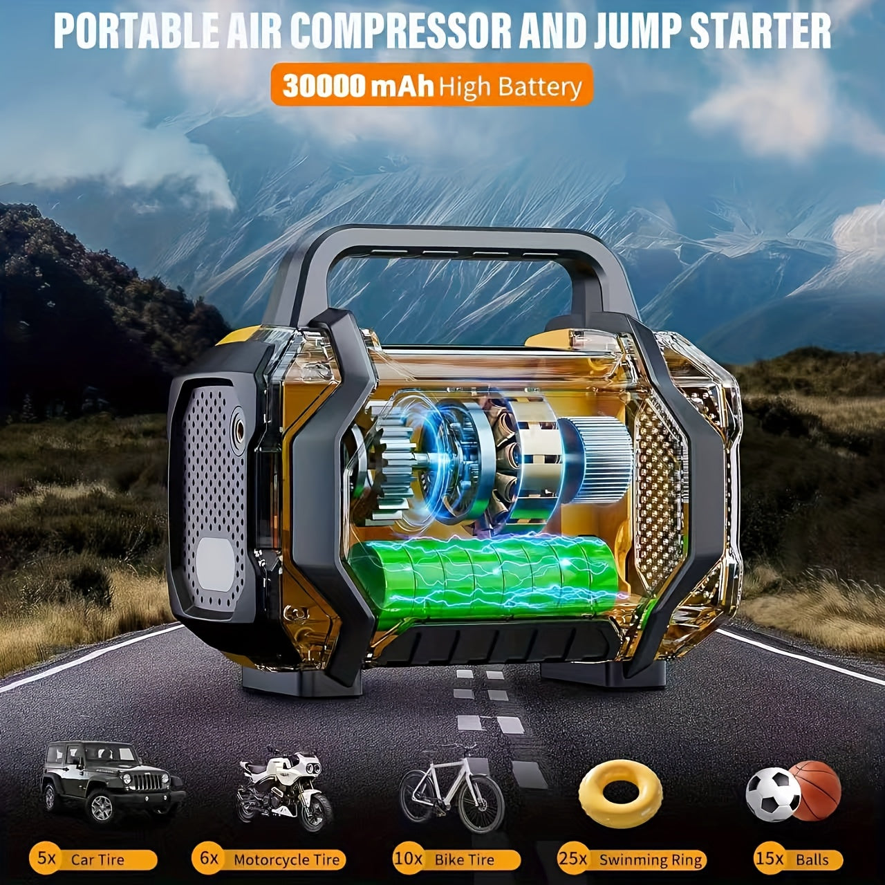 7000A Portable Jump Starter with Air Compressor – 8-in-1 Car Battery Booster, 150PSI Auto-Stop Tire Inflator, Power Bank, LED Emergency Light – Fits Gas up to 9L & Diesel up to 8.5L, 12V Vehicles