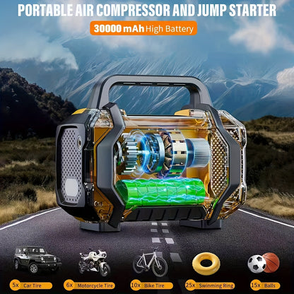7000A Portable Jump Starter with Air Compressor – 8-in-1 Car Battery Booster, 150PSI Auto-Stop Tire Inflator, Power Bank, LED Emergency Light – Fits Gas up to 9L & Diesel up to 8.5L, 12V Vehicles