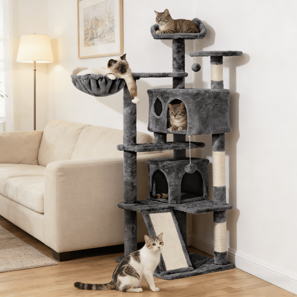 57-Inch Multilevel Cat Tree Tower with 2 Condos – Sisal Scratching Posts, Dangling Ball, Round Platform & Ladder for Indoor Kittens & Small Cats, 6 Colors, Christmas Gift for Cat Lovers