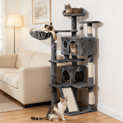 57-Inch Multilevel Cat Tree Tower with 2 Condos – Sisal Scratching Posts, Dangling Ball, Round Platform & Ladder for Indoor Kittens & Small Cats, 6 Colors, Christmas Gift for Cat Lovers