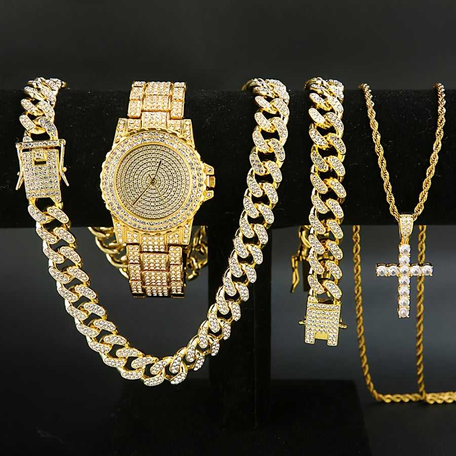 4-Piece Men's Punk Jewelry Set Quartz Watch Cuban Chain Necklace Bracelet and Cross Necklace with Rhinestone Details Hip Hop Style Gift for Men