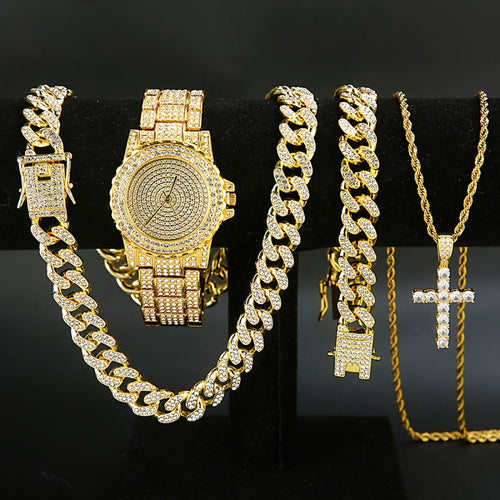 4-Piece Men's Punk Jewelry Set Quartz Watch Cuban Chain Necklace Bracelet and Cross Necklace with Rhinestone Details Hip Hop Style Gift for Men