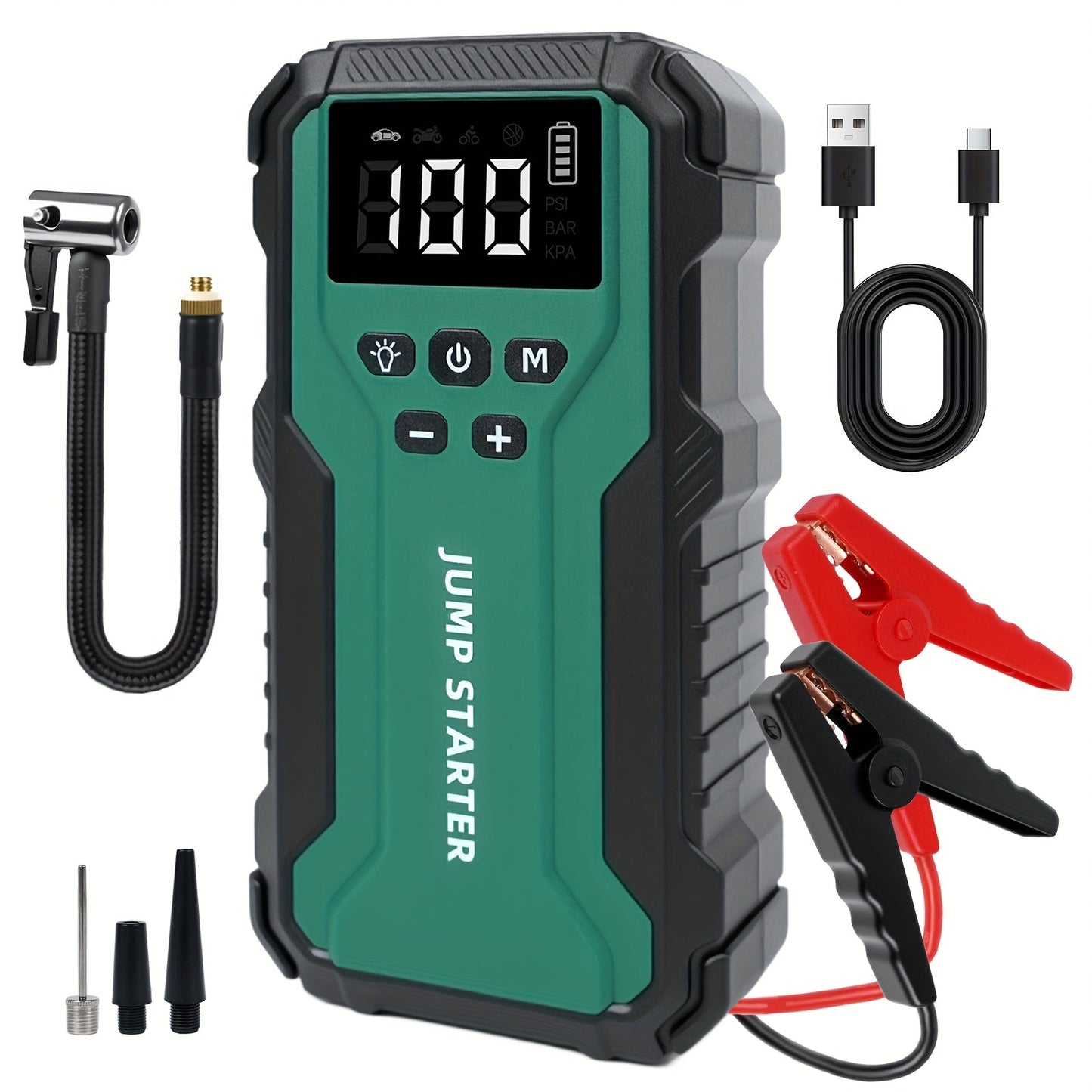10000A Car Jump Starter 7-in-1 with 150PSI Air Compressor, Digital Tire Inflator, LED Emergency Light & USB Power Bank – Portable Battery Booster for Gas & Diesel Vehicles – Velora