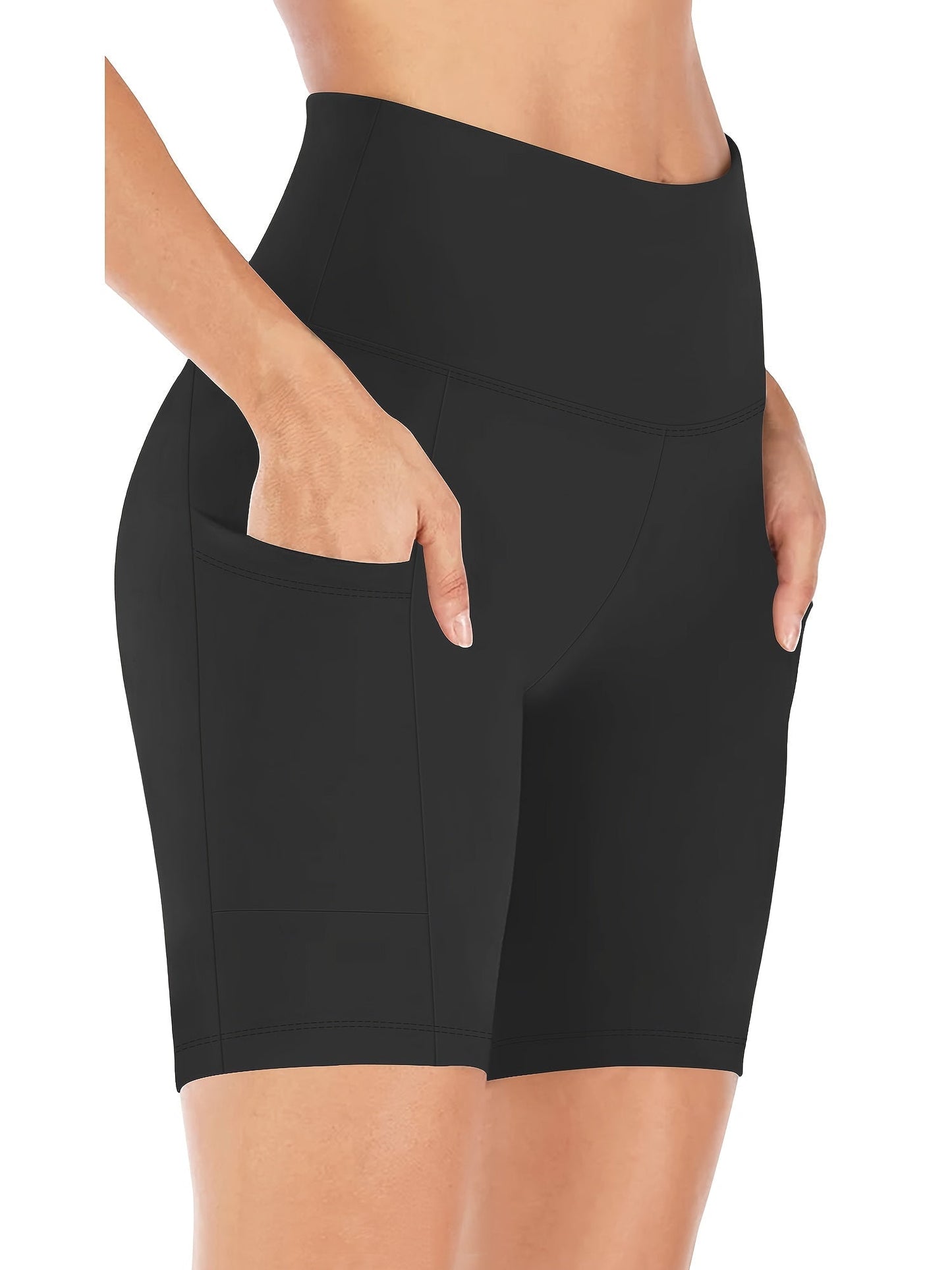 Women's High Waist Yoga Shorts – 4-Way Stretch Sweat-Wicking Athletic Shorts with Elastic Waistband & Side Pockets for Running, Cycling & Training – Black, Dark Gray & Navy, Sizes S-XXL