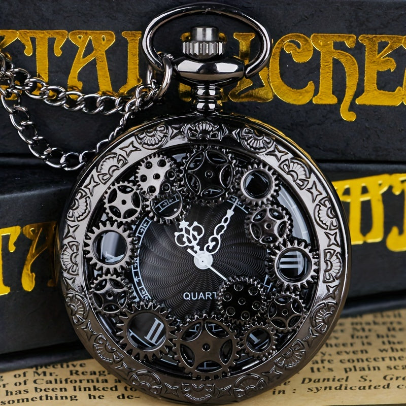 Steampunk Quartz Pocket Watch Necklace for Women Men – Vintage Hollow Gear Analog Pendant Chain Watch Sweater Necklace Unisex Retro Jewelry Christmas Gift