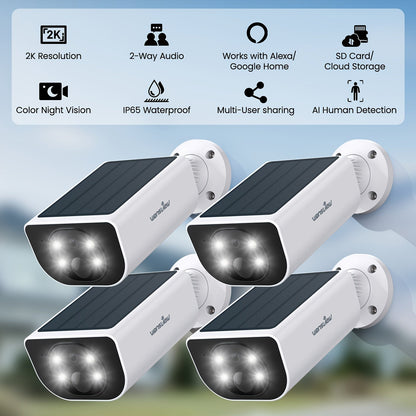 Wansview Solar Security Camera Outdoor Wireless 2K HD – Color & Infrared Night Vision, PIR AI Motion Detection, Two-Way Audio, IP65, SD Card & Cloud Storage, Alexa & Google Home Compatible, 1-4 Pack