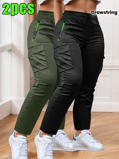 Women's Cargo Pants 2-Pack Multi-Pocket Slim Fit Straight Leg – Drawstring Waist Zip Pockets Casual Trousers for Outdoor Work Everyday Wear XS-XXL