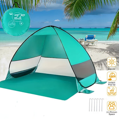 Pop Up Beach Tent 2-3 Person, Portable Sun Shade Shelter with UV Protection & Anti-UV Silver Coating, Easy Setup Camping Canopy with Carry Bag & Stakes for Beach Fishing Hiking Backyard, Blue & Green