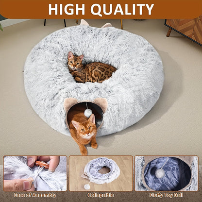 Cat Tunnel with Bed & Donut Peep Hole – Soft Plush Indoor Cat Toy, Multi-functional Hideout & Amusement Park for Cats, Kittens & Rabbits, Includes Pet Scarf, Small Medium Large
