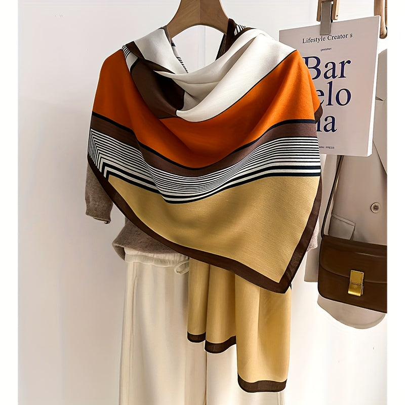 Women's Color Block Viscose Scarf & Shawl – Soft Breathable Geometric Print Windproof Sun Protection Wrap for Casual Outings Travel, Lightweight Hand-Wash Easy Care, Beige Khaki Orange