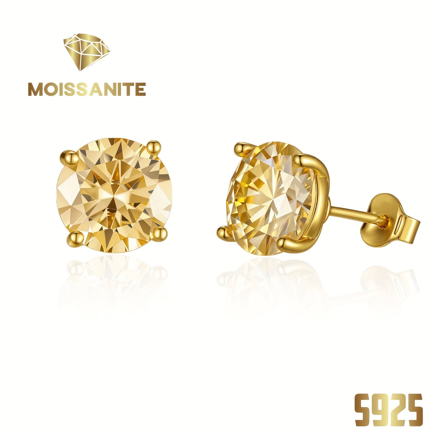 Champagne Yellow Moissanite Stud Earrings S925 Sterling Silver 4-Claw Setting 1ct 2ct 3ct – Diamond Alternative Sparkle Earrings for Women Valentine Birthday Wedding Gift with Velvet Pouch