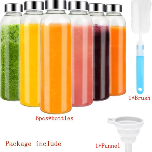 6-Pack 18oz Glass Water Bottles with Lids, Reusable BPA Free Juice Bottles with Stainless Steel Caps, 100% Leak Proof Containers for Refrigerator, Smoothies & Beverages, Includes Cleaning Brush & Funnel