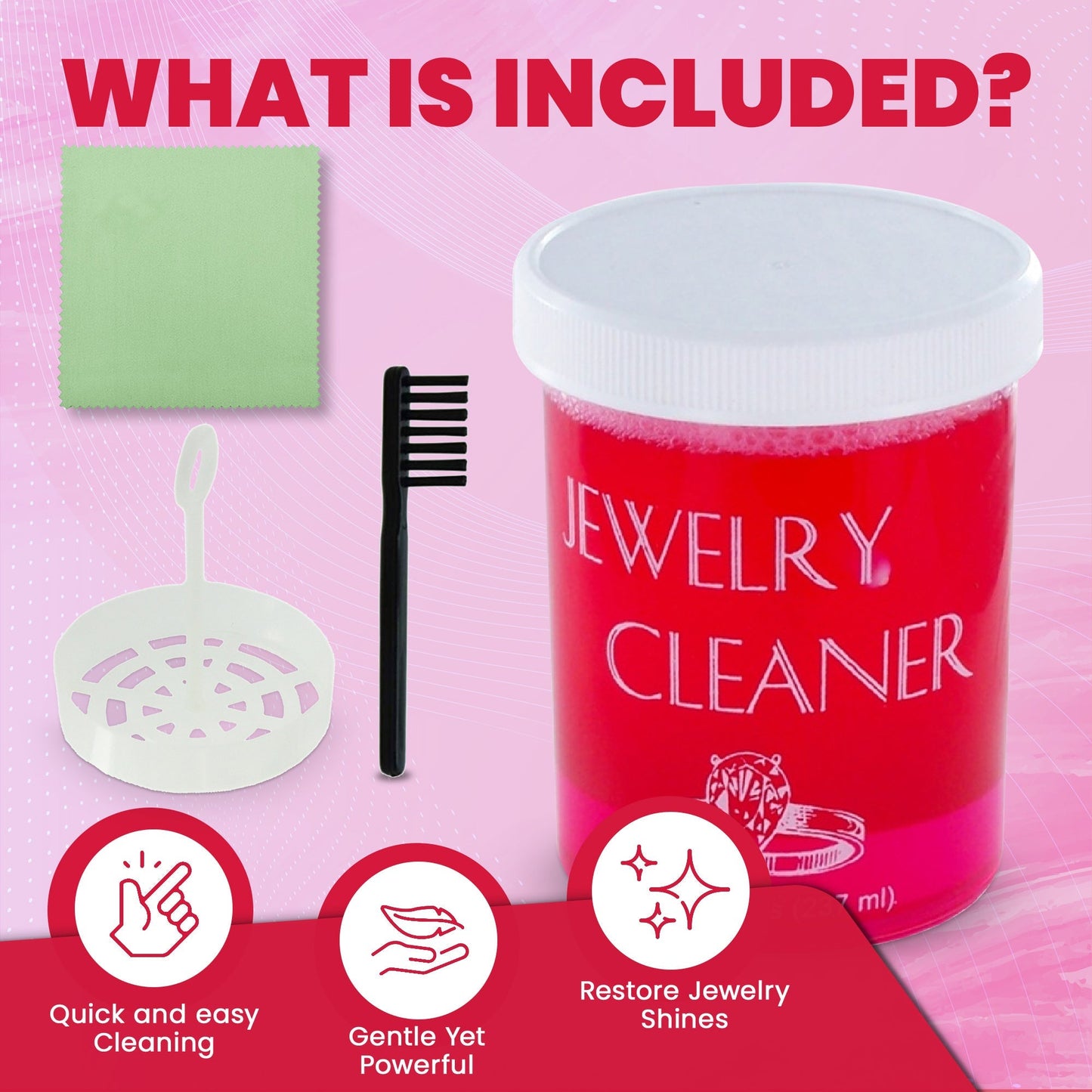 Jewelry Cleaner 8 fl oz for Gold, Silver & Platinum – Fast-Acting Dip Formula, Includes Strainer Basket, Cleaning Brush & Microfiber Cloth – Safe for Stones & Pearls
