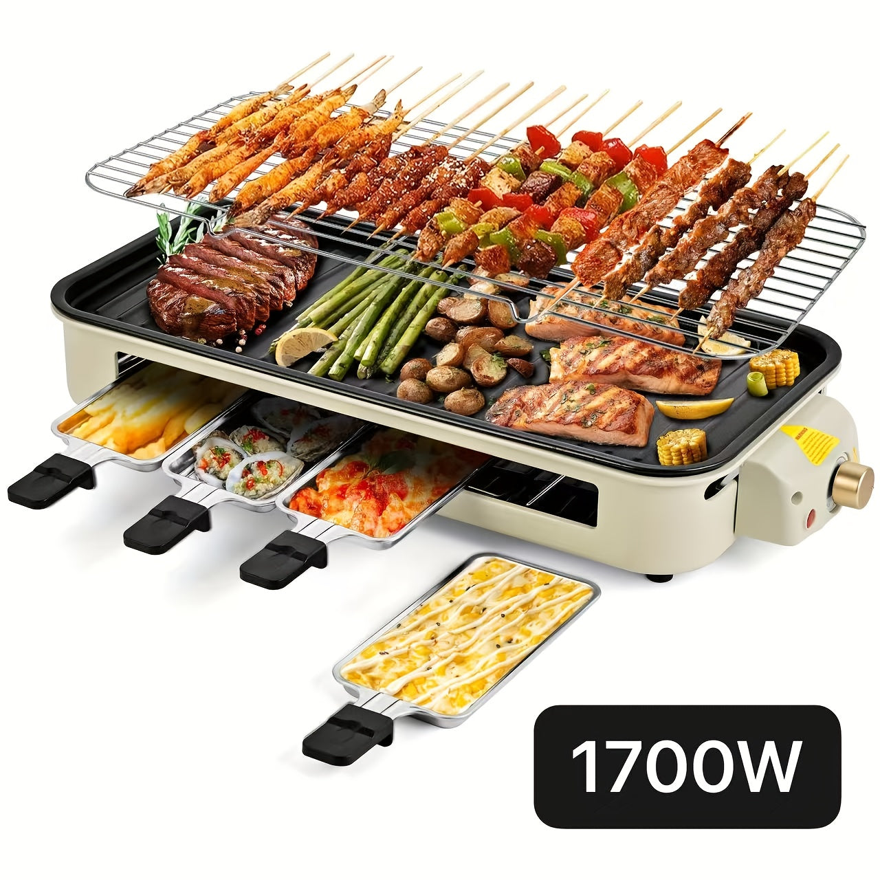 Indoor Electric Smokeless Grill with Raclette – 1700W Non-Stick BBQ Griddle, 3 Raclette Pans, Dishwasher Safe Stainless Steel, Adjustable Temp, Perfect for Home Cooking & Entertaining