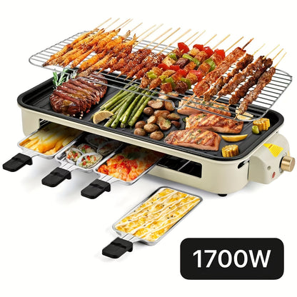 Indoor Electric Smokeless Grill with Raclette – 1700W Non-Stick BBQ Griddle, 3 Raclette Pans, Dishwasher Safe Stainless Steel, Adjustable Temp, Perfect for Home Cooking & Entertaining