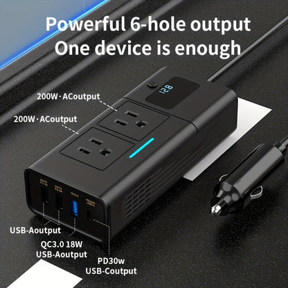 200W Car Power Inverter 12V to 110V AC Outlet – DC to AC Converter with USB-C, QC3.0 Fast Charge & Dual USB Ports, Car Plug Adapter for Laptop Phone Camping Road Trip (No Battery Required)