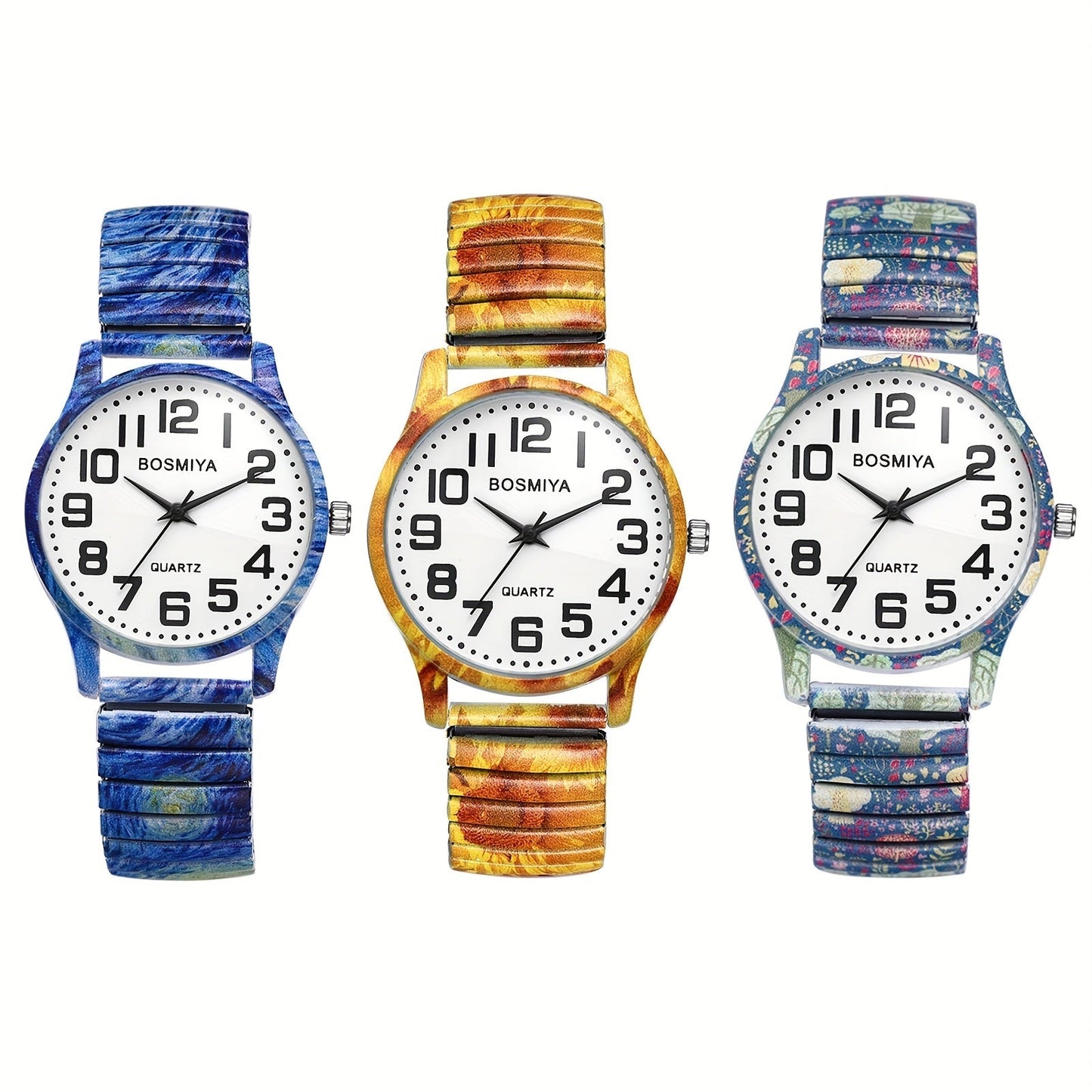 Bohemian Quartz Watch Unisex Printed Stretch Band Wristwatch – Starry Sky Sunflower Tree of Life Boho Designs, Large Arabic Numeral Dial, Nature-Inspired Gift for Women & Men Valentine Birthday
