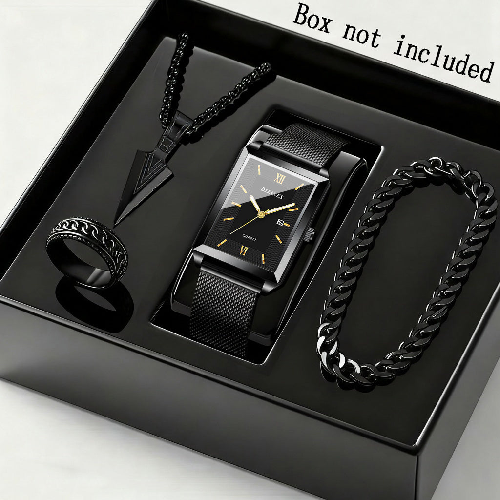 4pcs Men's Fashion Quartz Watch & Jewelry Set – Stainless Steel Strap Date Display Watch with Necklace Bracelet Ring, Business Casual Elegant Gift Set for Men in Gold Silver Black