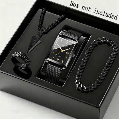4pcs Men's Fashion Quartz Watch & Jewelry Set – Stainless Steel Strap Date Display Watch with Necklace Bracelet Ring, Business Casual Elegant Gift Set for Men in Gold Silver Black